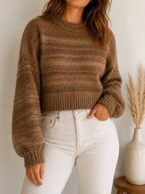 Urban Outfitters Brown Cropped Knit Sweater Balloon Sleeve Crew Neck Size L